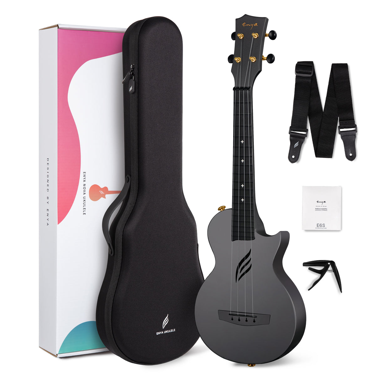Enya Concert Ukulele Nova U 23’’ Carbon Fiber Travel Ukulele with Beginner Kit includes case, strap, capo and strings